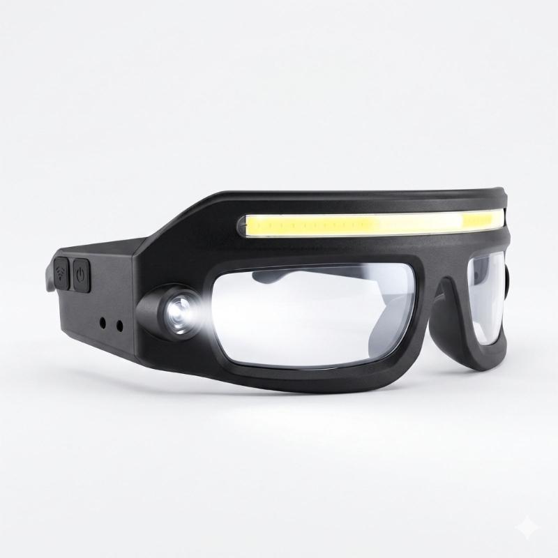Rechargeable Light Glasses with Horizontal Light Bar and Round Front Lamp, Clear Acrylic Lens for Camping and Outdoor Inspection Tasks