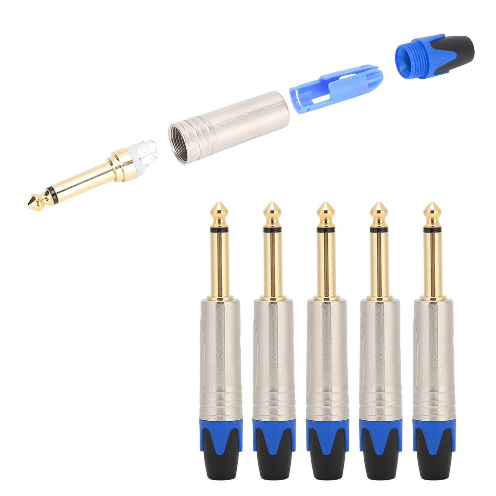 5pcs 6.35mm Single Track Microphone Audio Cable DIY Usage Welding Plug Connectorblue tail