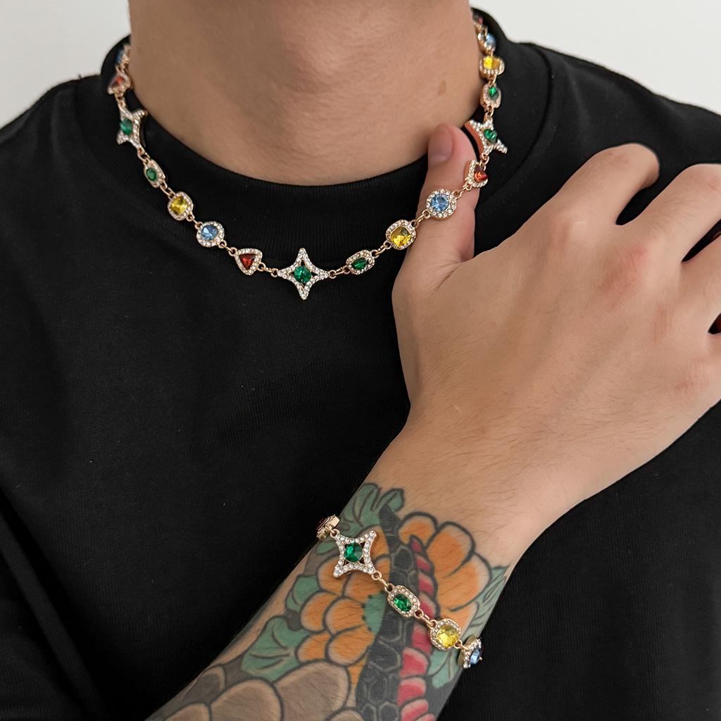 Vintage Colorful Gemstone Necklace for Men Trendy Light Luxury High-end Clavicle Chain Hip-hop Bracelet Men's Jewelry
