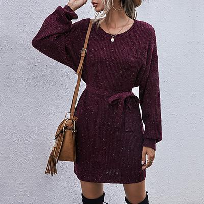 Knitted Sweater Loose Lace Mid-length Autumn Lace-up Round Neck Drop Rotator Sleeve Dress for Women