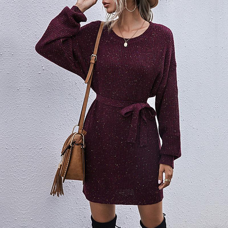 Strikket genser Løs Blonde Midilengde Høst Snøring Rund hals Drop Rotator Erme Kjole for Kvinner