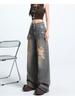 Big Size Broken Hole Wide Leg Denim Trousers Women Autumn Design Sense High Waist Hundred Versatile Loose Straight Trousers Long Denim Pants