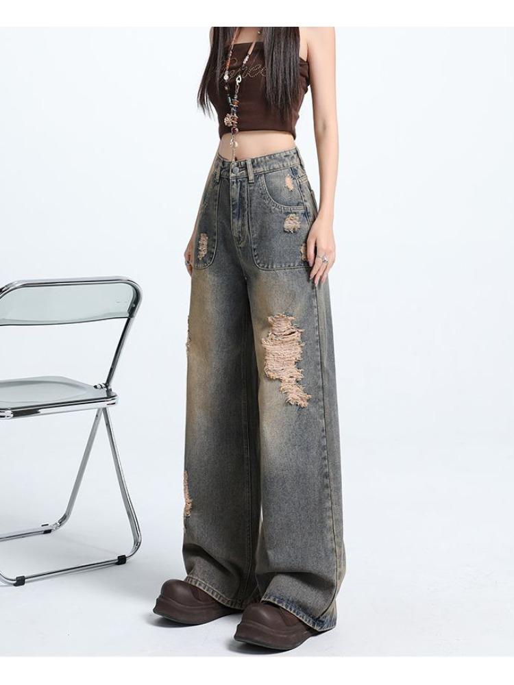 Big Size Broken Hole Wide Leg Denim Trousers Women Autumn Design Sense High Waist Hundred Versatile Loose Straight Trousers Long Denim Pants