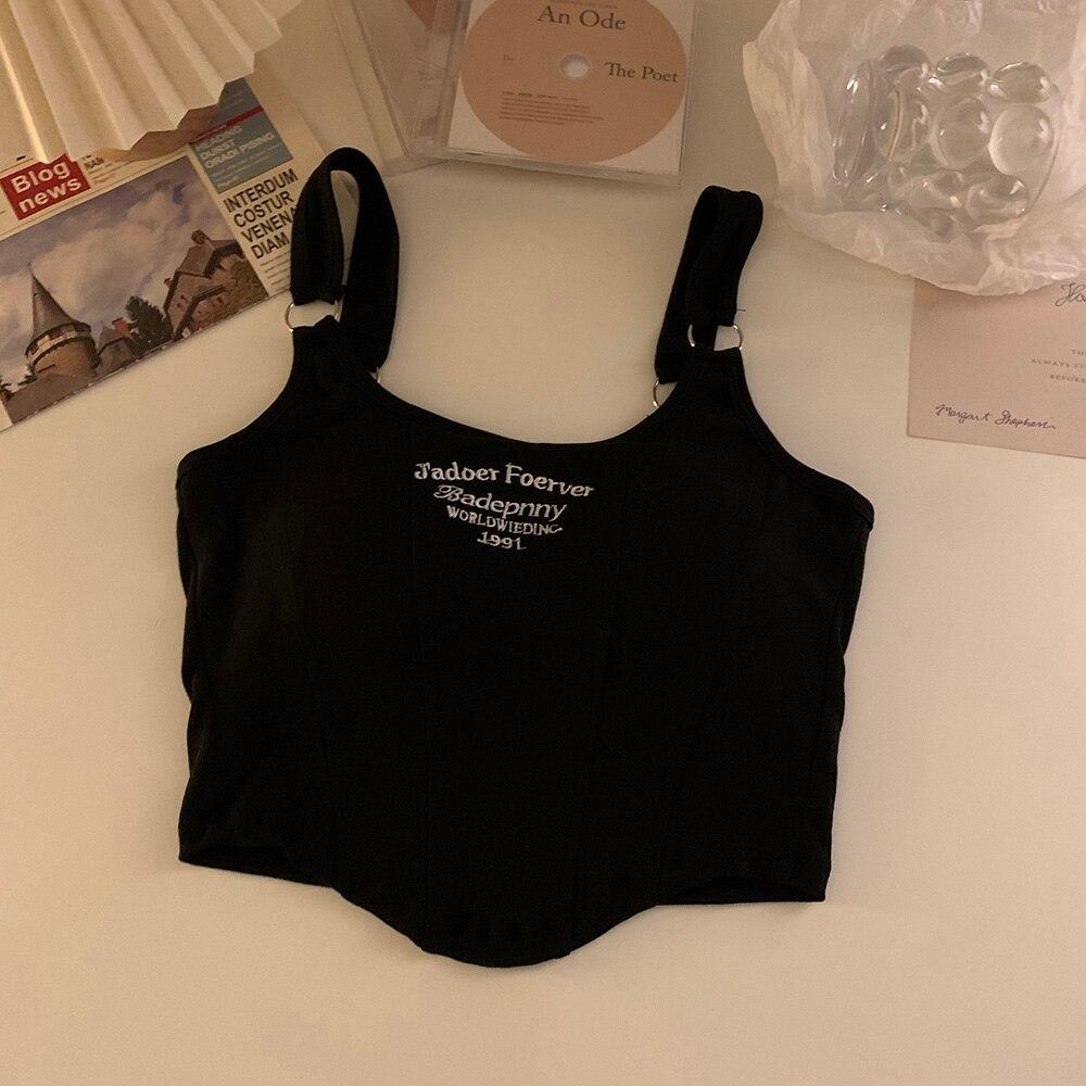 Camisetas sin mangas cortas con letras de diseño y almohadilla para sujetador, camisetas sexys a rayas delgadas, camiseta sin mangas con cinturón de hombro Y2K, camiseta sin mangas con anillo de hierro