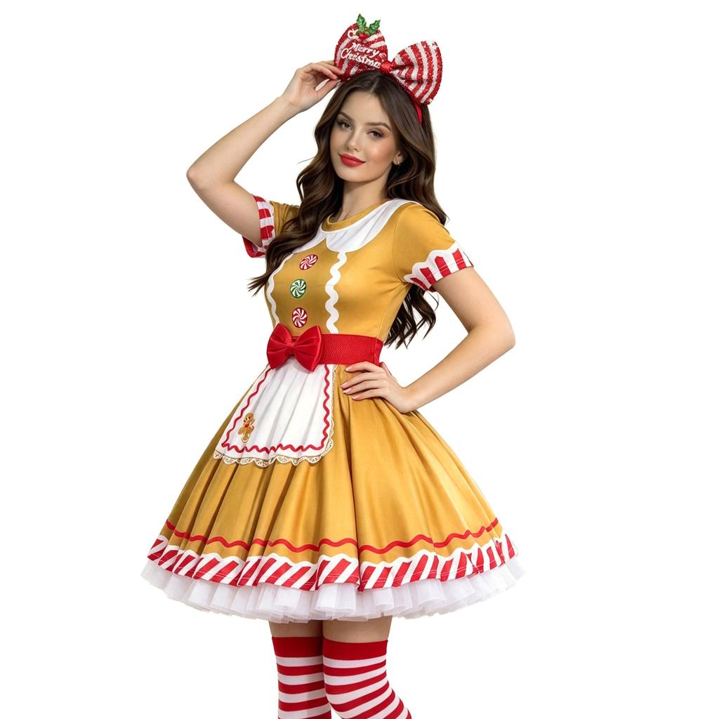 Yixiaoyi Gingerbread Man Dress Set Adult Christmas Cosplay Costume Polyester