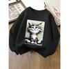 Unisex Crewneck Sweatshirt - Fluffy Black And White Cat Sitting Machine Washable, Spring And Autumn, Sportswear And Casual Wear, Soft