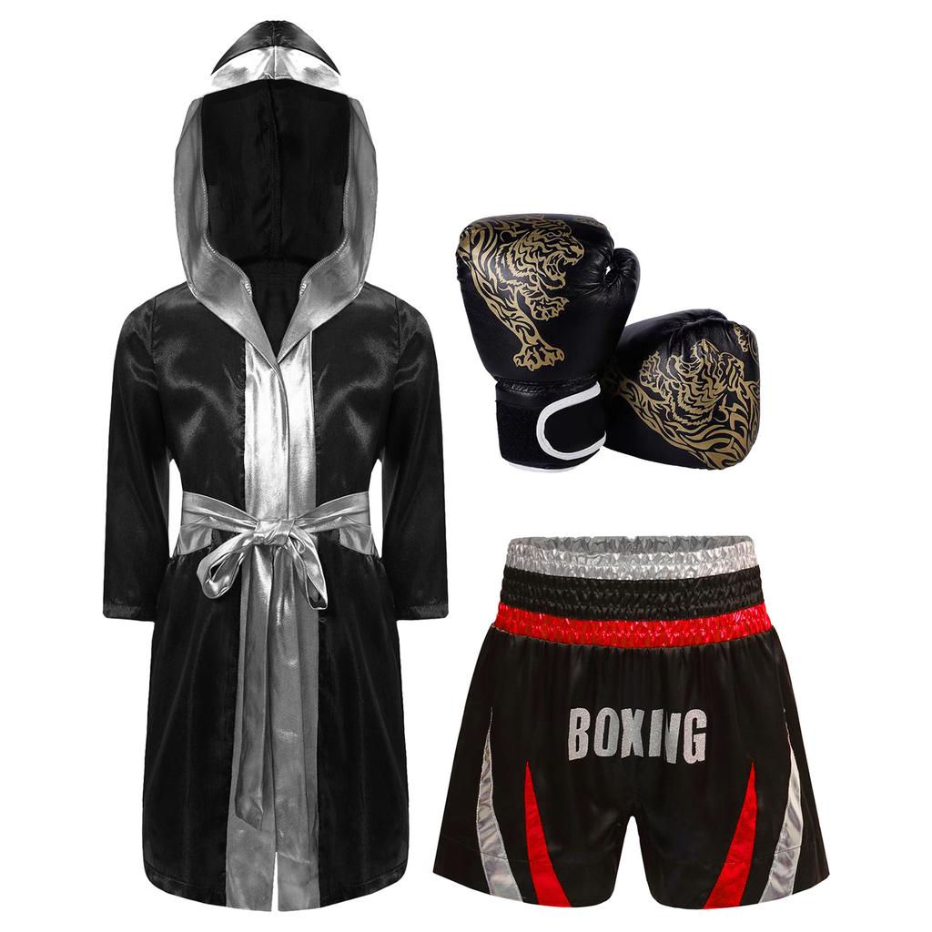 Jungen Boxausrüstung Set: Satin-Bademantel mit Gürtel und metallischem Besatz, Color-Block-Shorts & Tigerprint-Trainingshandschuhe