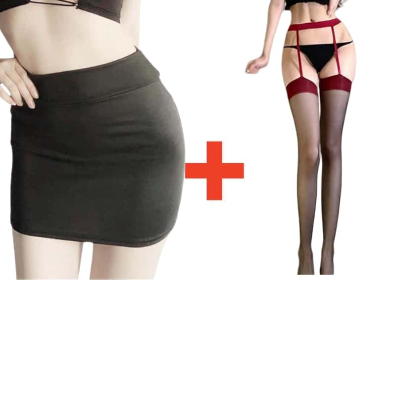 2PCS/SET Women High Waist Pencil Mini Skirts+Stockings Dress Set,Sexy Casual Wrap Hips Black Short Skirt and Pantyhose