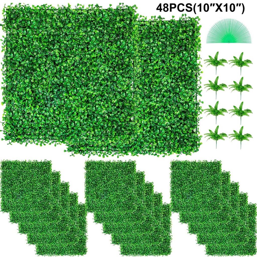 Artificial Boxwood Panel UV 48pcs Boxwood Hedge Wall Panels Artificial Grass Backdrop Wall 10X10" 4cm Green Grass Wall Fake Hedge for Decor Privacy