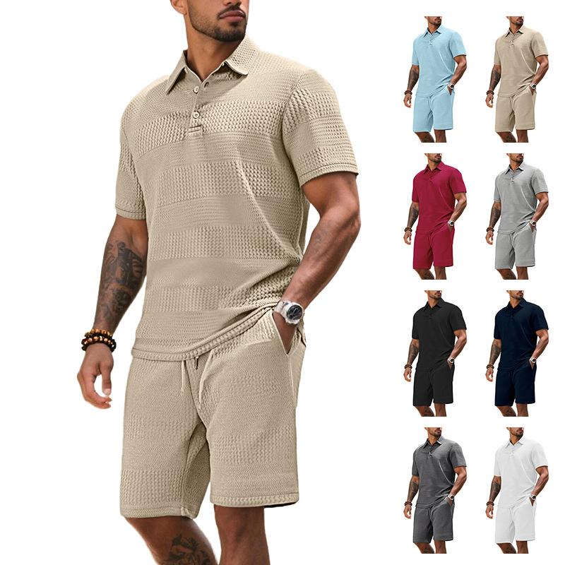 Men's Summer 2 Piece Outfit, Waffle Knit Polo Shirt and Elastic Waist Shorts, Casual Tracksuit for Beach Streetwear