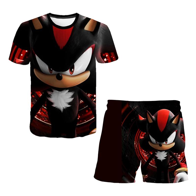 2025 MINISO New boys and girls super sonic Tshirts+shorts  Harajuku Sonic print suit T-shirt + shorts fashion street style children's short sleeves