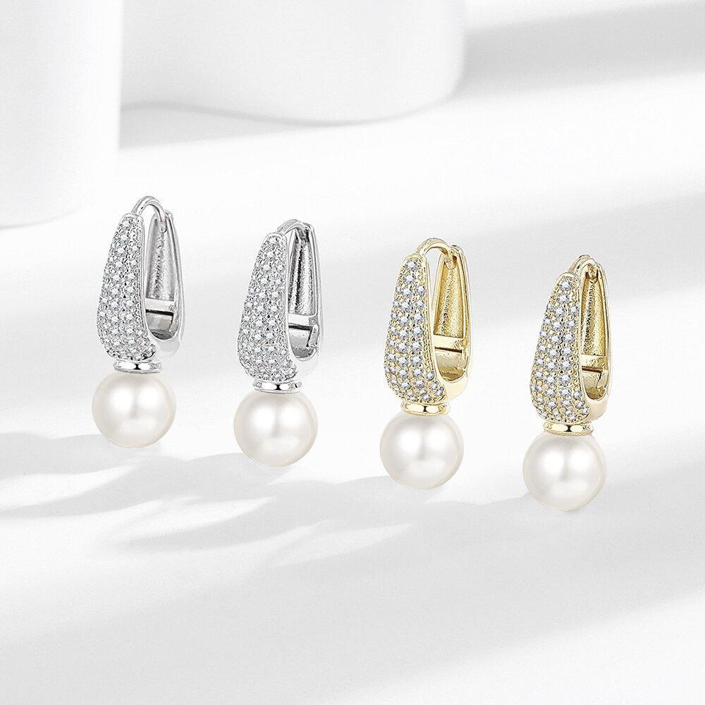 Charm Female White Pearl Zircon Stone Round Hoop Earrings Vintage Fashion Gold Silver Color Wedding  For Women