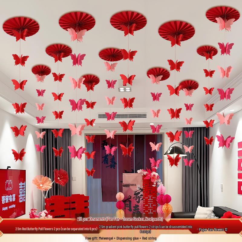 Wedding Décor: Double Happiness Paper Cut Ornaments for Ceiling and Walls, Festive Butterfly Pull Flowers for Bedrooms and Living Rooms