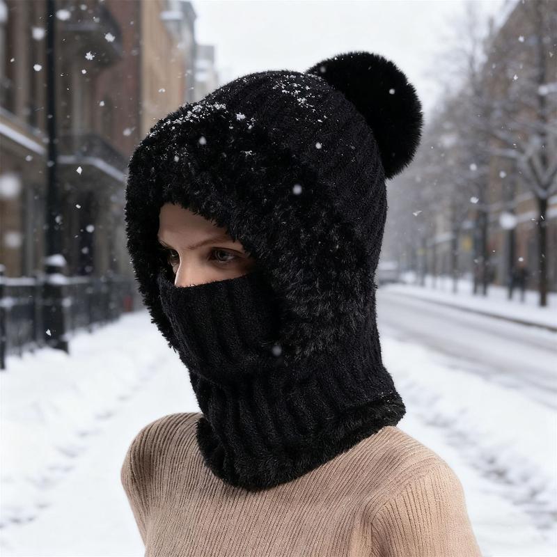 Women Hooded Cap Winter Knitted Balaclava Hat Ear Protection Fluffy Hat Lady Mask Neck Integrated Warmth Cover Hat