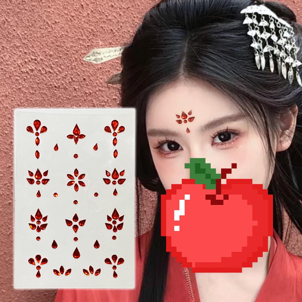Diadema Rosso con Strass sulla Fronte e Adesivi Decorativi per il Viso in Stile Antico per il Trucco Hanfu