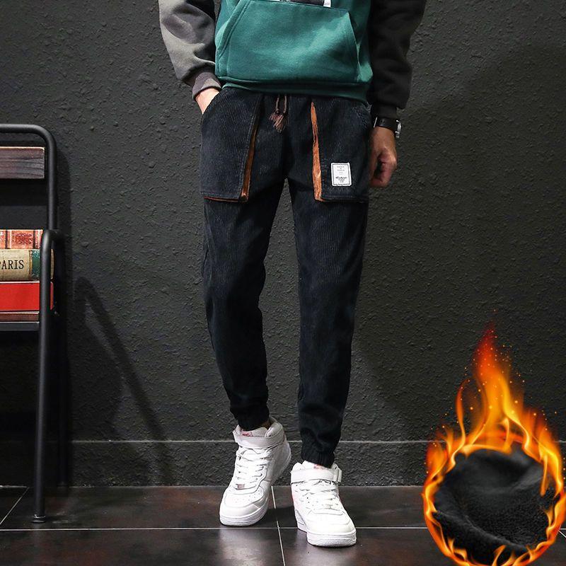 Winter Men Thick Warm Corduroy Sweatpants Men Cargo  Pants Color Matching Fleece Liner Elastic Waist Big Pocket Trousers Loose Sports Harem Pants