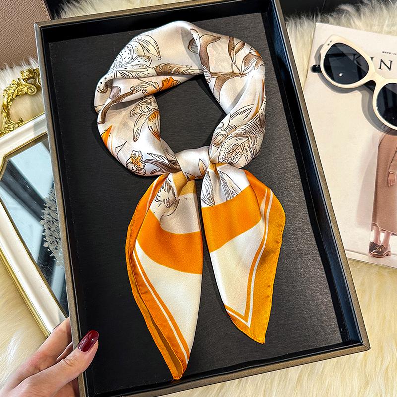 

Новый квадратный платок 70 см с цветочным принтом, с ощущением шелка, женский фуляр, шейный платок, женский атласный головной хиджаб, украшение для шеи
