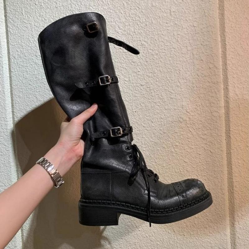 Cowhide~ Knight Boots Leather Boots Lace-up Platform Martin Boots Boots Women's Thick Heel Boots