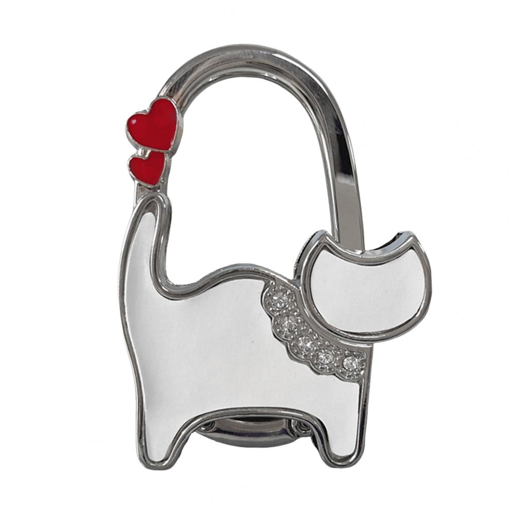Cat-Shaped Bag Hook with Shiny Rhinestones Decor Non-Slip Base Foldable Desk Edge Handbag Hanger Keychain