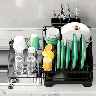 1pc Expandable Dish Rack, Countertop Single Tier Dish Drying Rack with Drainer Tray and Utensil Holder,, For Kitchen Countertops, Kitchen Organiser