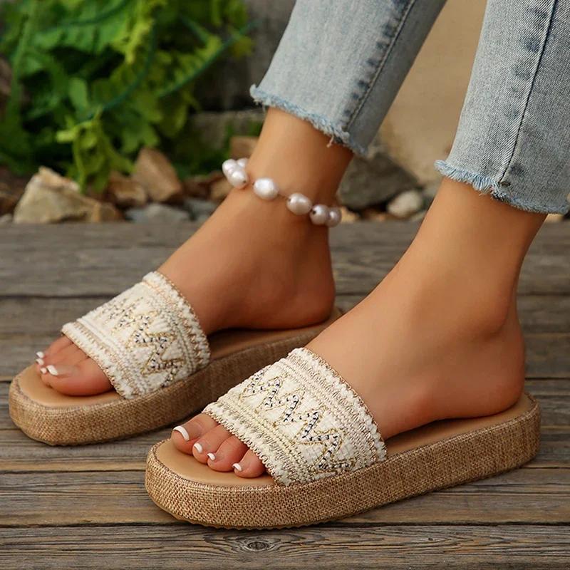 Fashion 2025 New Womens Shoes Thick Bottom Bohemian Sandals Women Summer Woven Platform Slippers Woman Vintage Plus Size Non Slip Slides