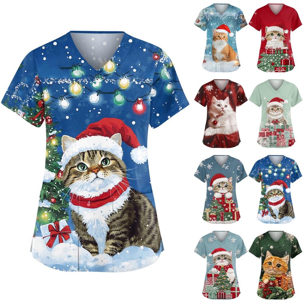 Women's Fashionable V-neck Workwear Christmas Printed Short Sleeved Pocket Side Slit Workwear Basic Pullover Top