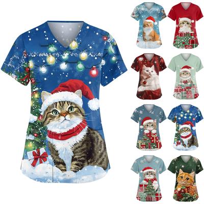 Damen Modische V-Ausschnitt Arbeitskleidung Weihnachten Bedruckt Kurzärmlig Tasche Seitenschlitz Arbeitskleidung Basic Pullover Top