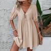 Women Elegant Loose Deep V Neck Lace Up A Line Woven Midi Dress