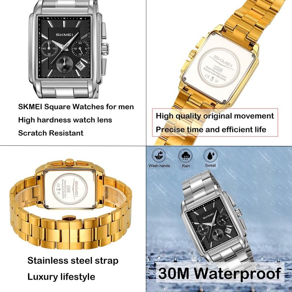 SKMEI Square Wristwatch Men's Stainless Steel Waterproof Analog Business Casual Chronograph Silver Black High-End Gift