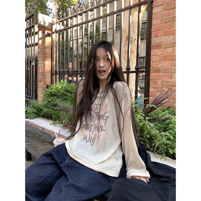 Idle Style Letters Print round Neck Long Sleeves T-shirt Blouse Women's Autumn Korean Style Inner Wear Loose Casual Sun Protection Top