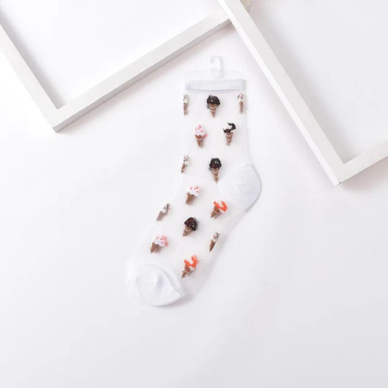 Summer Women Socks Ultra-thin Transparent Crystal Silk Socks Women Cartoon Print Japanese Kawaii Cute Funny Elastic Long Socks