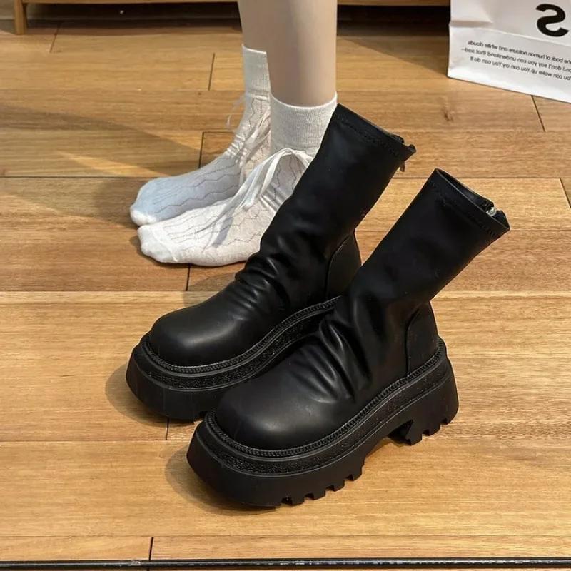 Mode „Light Punk Vibe“ Schwarze Langstiefel mit dicker Sohle, Stulpen-Socken-Stil, Perfekt für lässige & Herbst-Winter-Looks