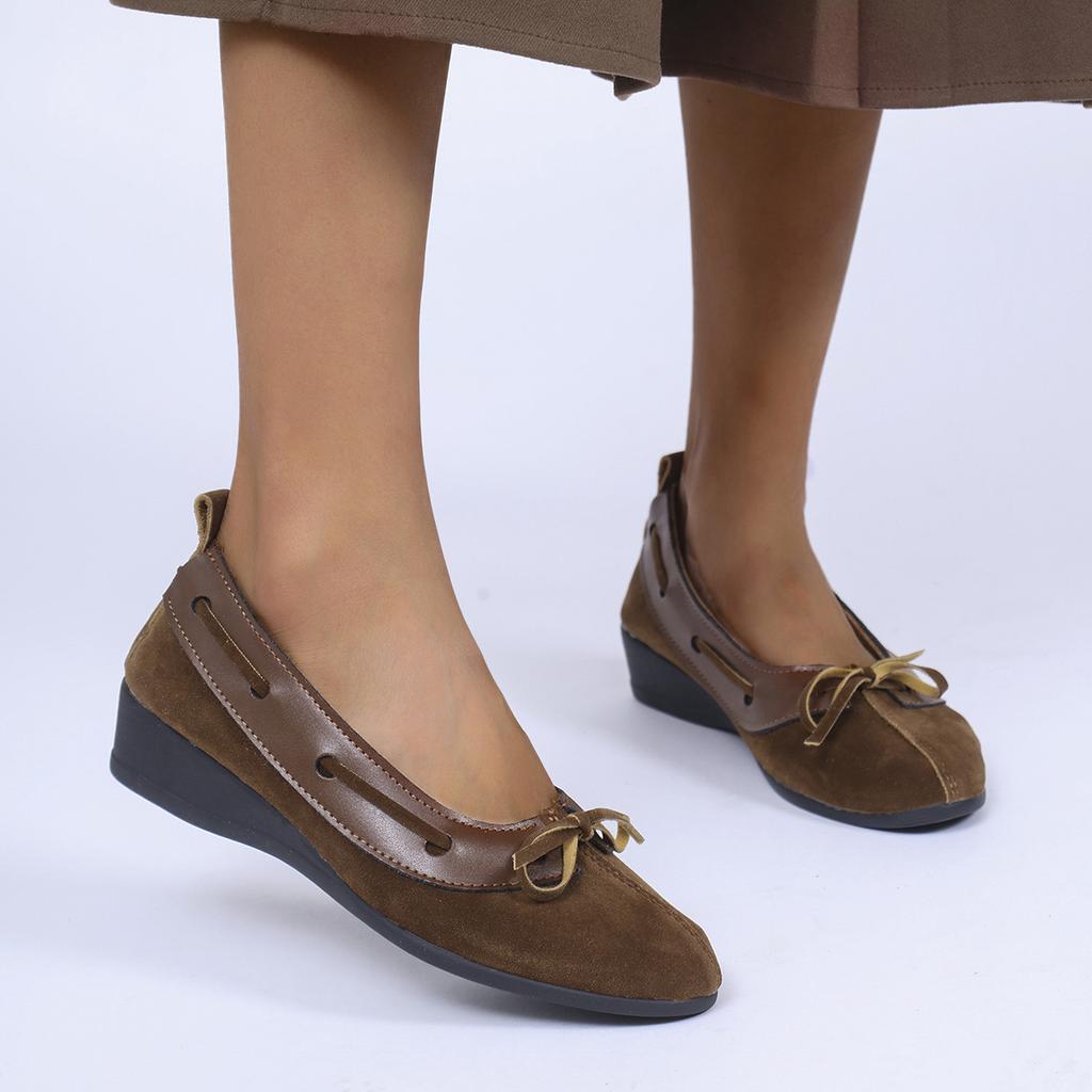 Fashion French Retro Bowknot Decoration Ballet Shoes Women 2025 Autumn Round Toe Wedge Heel Pumps Comfort Soft Sole Low Heel Pumps