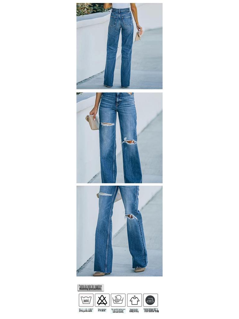 2025 Spring Women's High-Waisted Washed Ripped Wide-Leg Denim Jeans