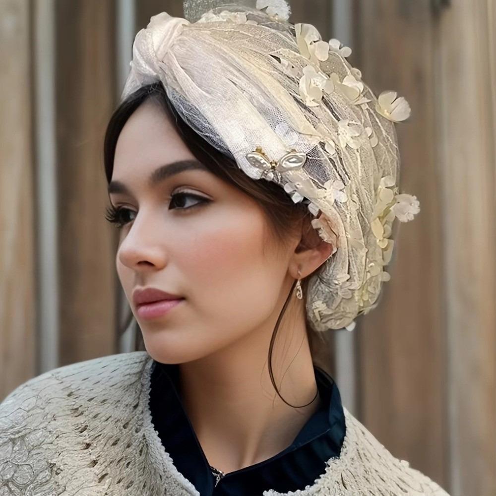 Faux Pearl Headscarf Hat Lace Flower Bohemian Headscarf Fashion Bonnet Hat  Summer Wear