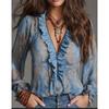 European and American deep V-neck paisley frilly print chiffon shirt top