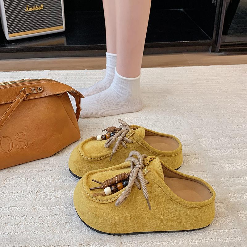 Fashion Women's Flat Shoes Cover Toe Slingback Lace-up String Bead One Kick Increased Internal Slippers All-match RetroSuede Women Shoes