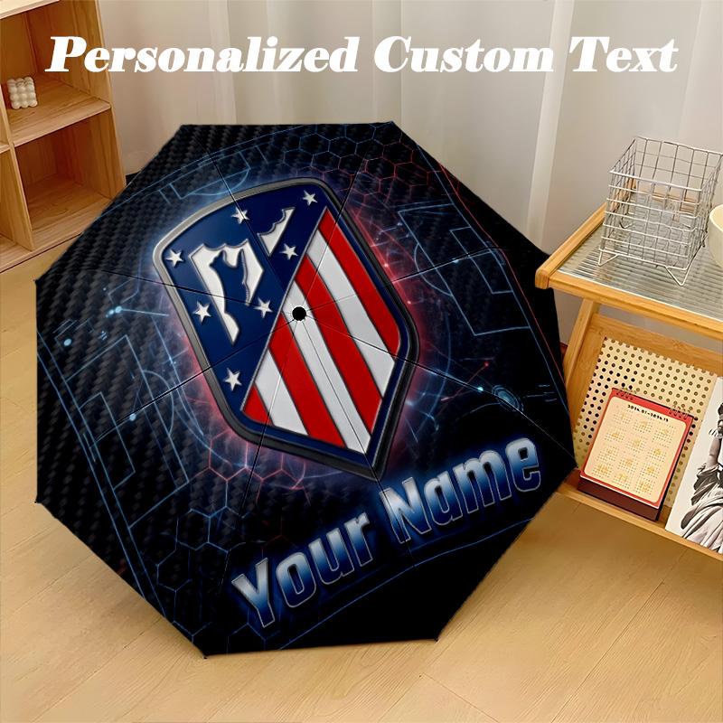 8 Rib Auto Folding Umbrella Atletico Madrid Print Custom Name Text Portable Rain Gear
