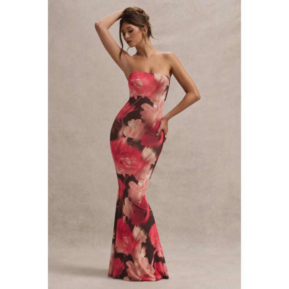 Women's Strapless Sleeveless Mermaid Maxi Dress Slim Elastic Waist Tropical Floral Milk Silk Micro Elastic Backless Party Evening Long Dress