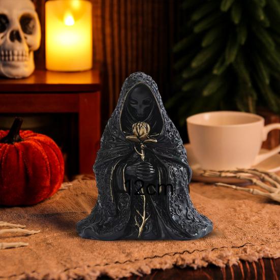 Halloween Ornament Gothic Style Mysterious Black Robe Design Evil Face Statue Halloween Theme Party Decoration