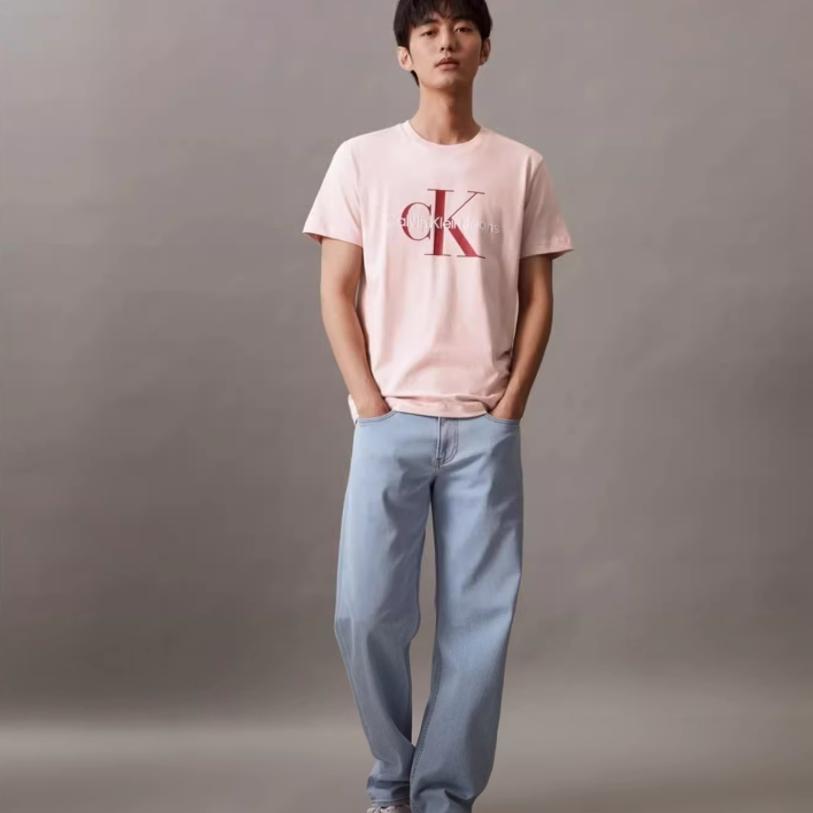 Calvin Klein Ck Jeans Ss24 Casual Letter Overlay Round Neck Short Sleeve T-Shirt Unisex Tops Shell-Pink J320770-TF6