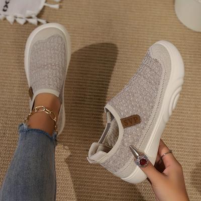 Women's Solid Color Casual Sneakers, Slip-On Round Toe Breathable Anti-Slip Shoes, Classic Flat Women's Shoes with PVC Sole and Fabric Insole