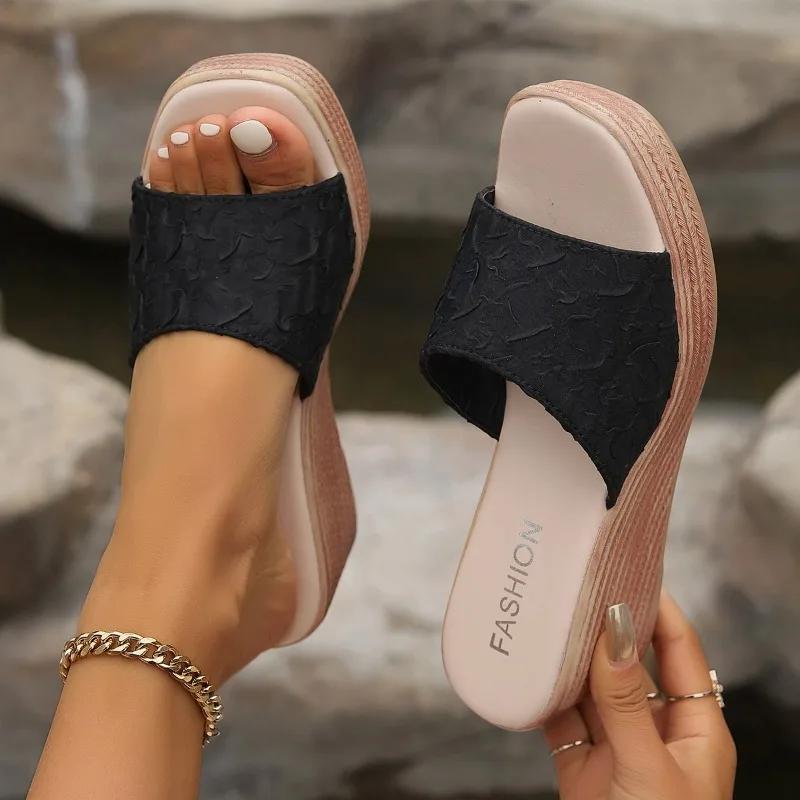 

Мода 2024 Новые Летние Сандалии-клинья с открытым носком, на платформе и высоком каблуке, женские повседневные туфли, удобные 36 чёрный