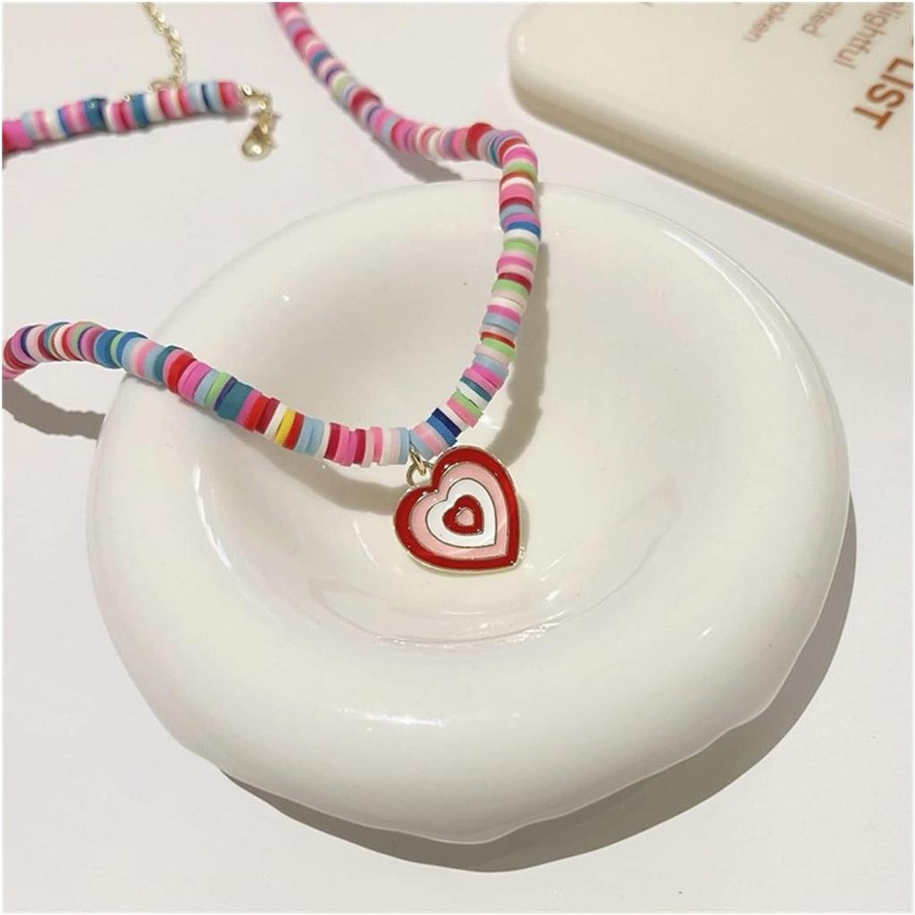 Surfer Heishi Choker Necklace for Women Soft Polymer Clay Necklace Clay Record Disc Beads Necklace Love Heart Pendant Necklace Boho Beach Necklace