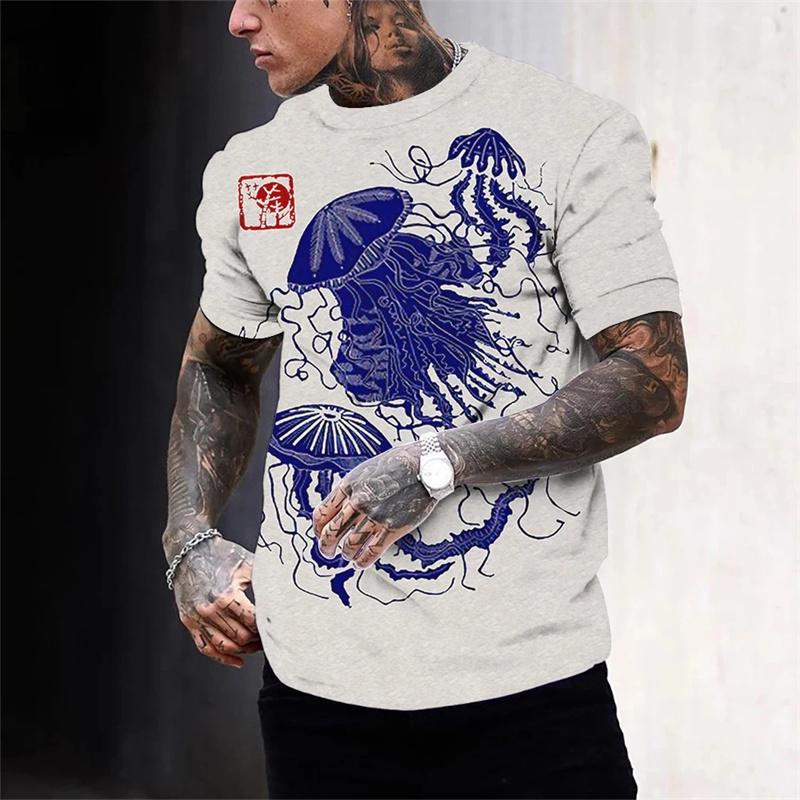 3D-gedrucktes japanisches Ukiyo-e T-Shirt für Herren, Landschafts- und Tiermuster, Sommer-Streetwear, Harajuku, O-Ausschnitt, Kurzarm-Tees
