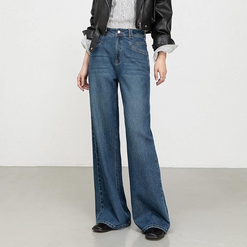 Winter 2025 Korean Velvet-Lined Wide-Leg High-Waist Embroidered Denim Pants for Women L