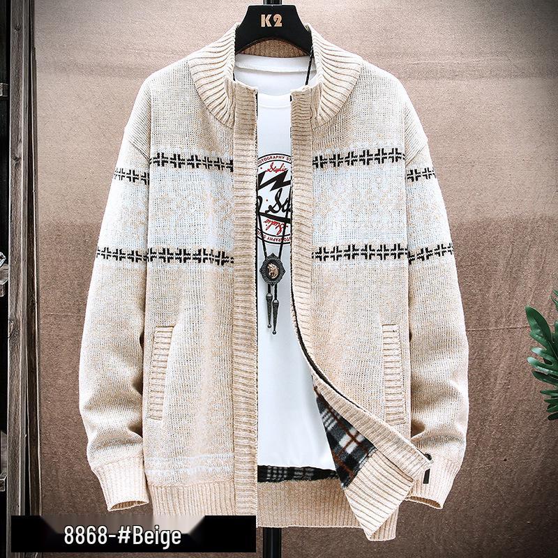 

Men s Stand Collar Color Block Knitwear Jacket - Autumn/Winter Velvet Cardigan Sweater Extra Extra Large бежевий