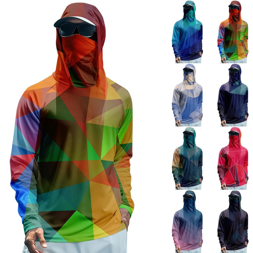 Men's Summer Gradient Color Geometry Quick-drying Long-sleeved T-shirt Sun Clothing Fishing Fitness Sports Hooded Long-sleeved Top