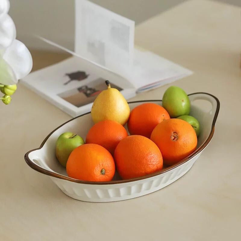 Brown-Edged Retro Striped Oval Ceramic Serving Plate