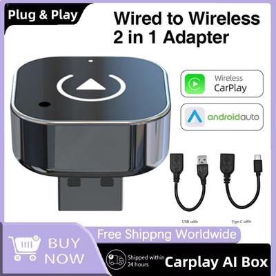 2 In 1 Wireless CarPlay Android Auto Adapter New Smart AI Box USB Dongle Auto Connect Plug & Play for iOS 10 Android 11 & Above